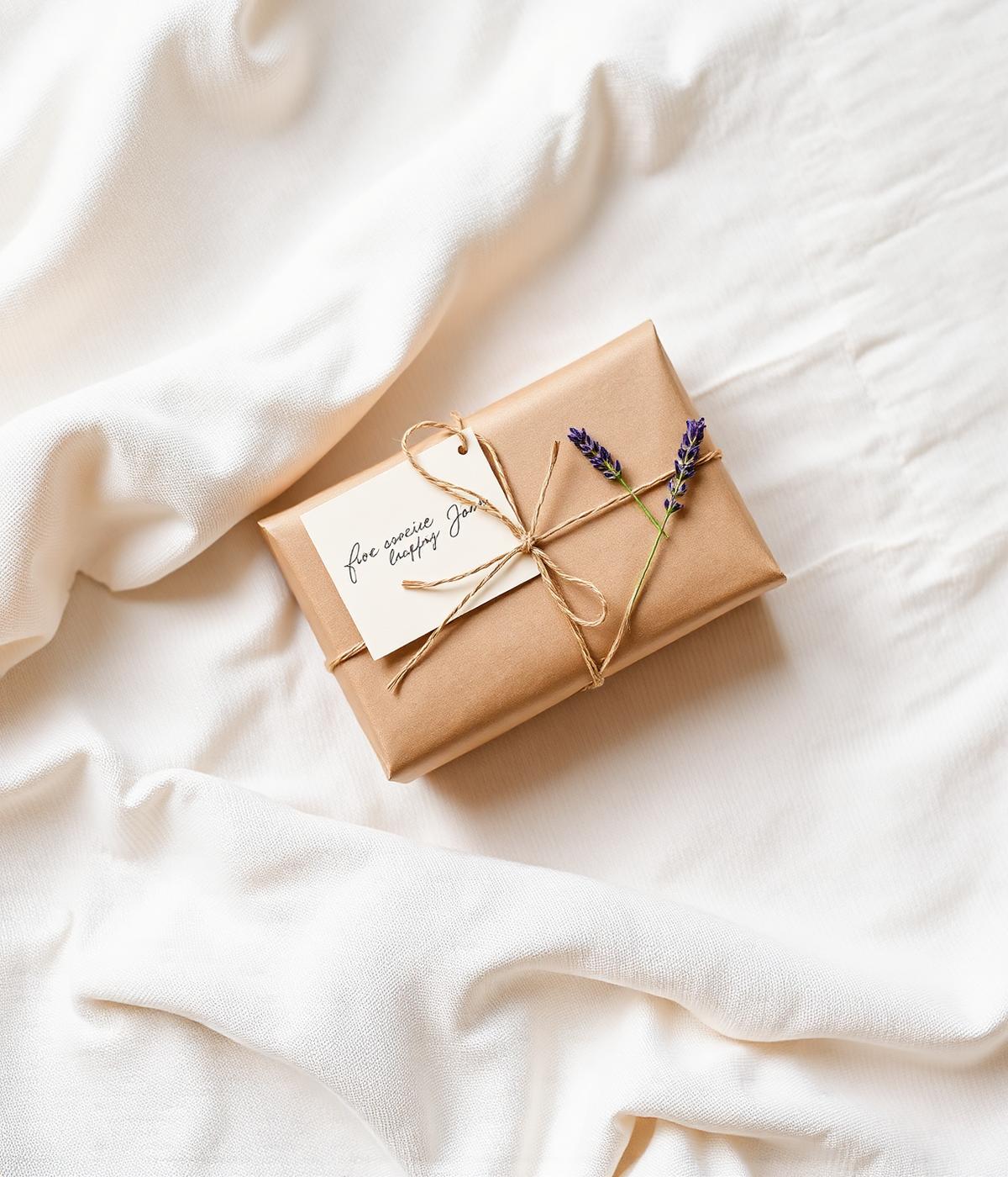 A kraft-paper gift box tied with twine and a handwritten card